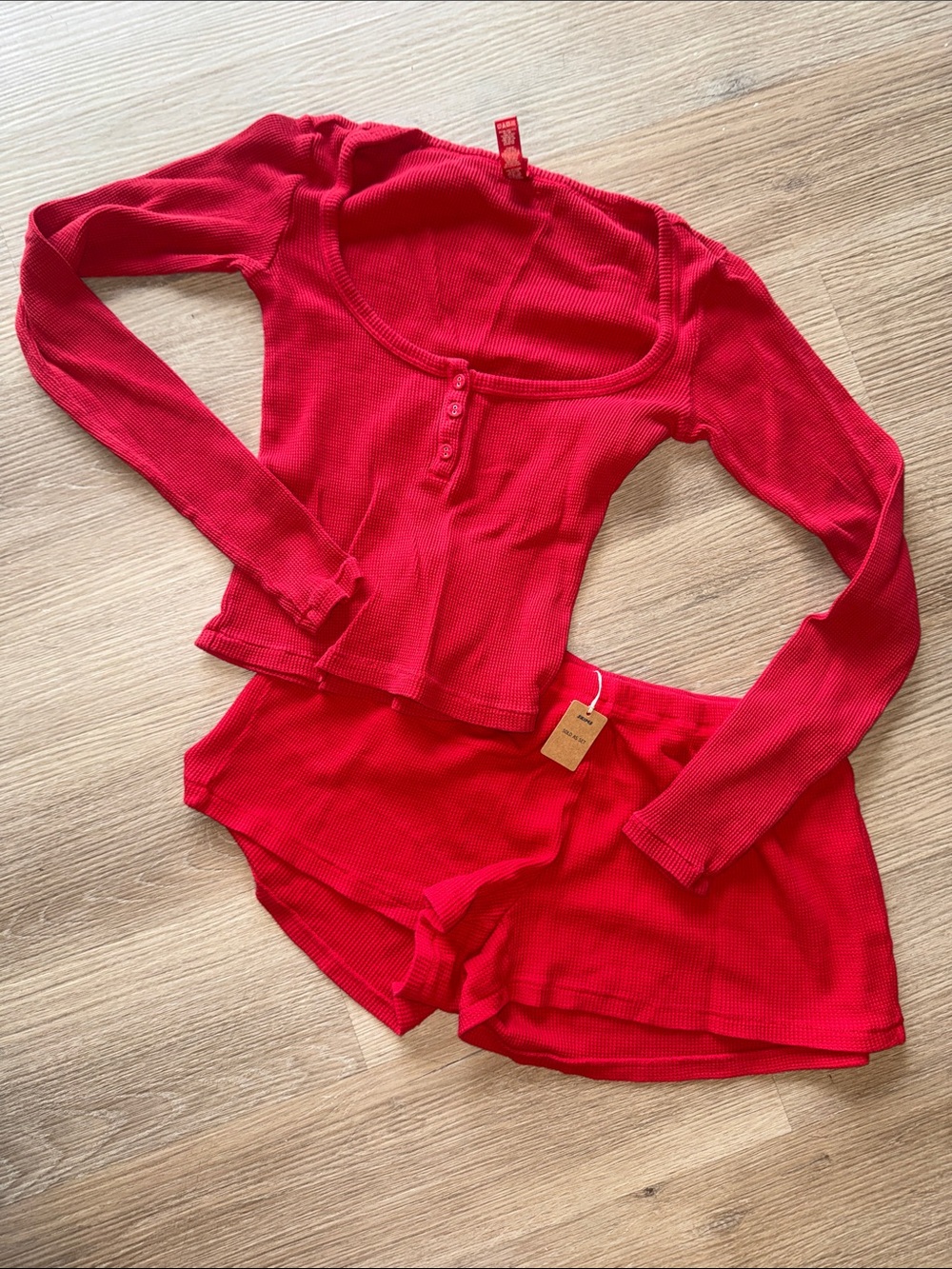 SKIMS Cranberry Waffle Knit Long Sleeve Henley Thermal Top & Short Sleep Set